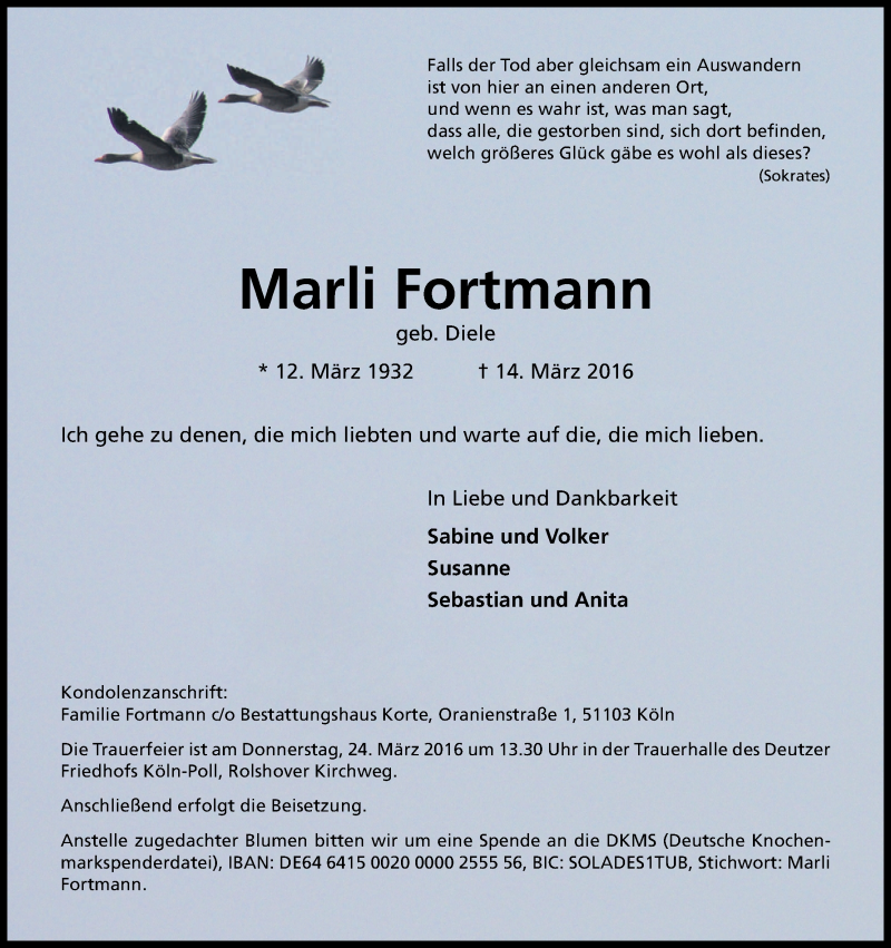  Traueranzeige für Marli Fortmann vom 19.03.2016 aus Kölner Stadt-Anzeiger / Kölnische Rundschau / Express