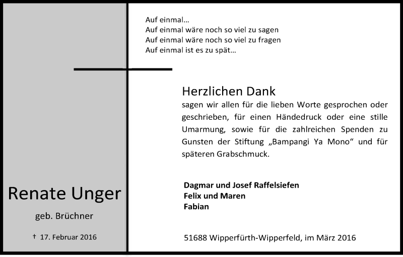  Traueranzeige für Renate Unger vom 19.03.2016 aus Kölner Stadt-Anzeiger / Kölnische Rundschau / Express