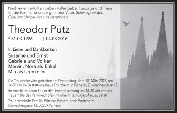 Anzeige von Theodor Pütz von  Wochenende 