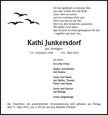 Anzeige von Kathi Junkersdorf von Kölner Stadt-Anzeiger / Kölnische Rundschau / Express
