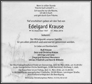 Anzeige von Edelgard Krause von Kölner Stadt-Anzeiger / Kölnische Rundschau / Express