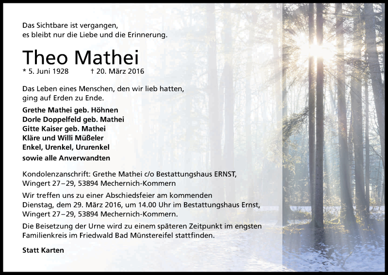  Traueranzeige für Theo Mathei vom 24.03.2016 aus Kölner Stadt-Anzeiger / Kölnische Rundschau / Express