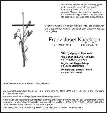 Anzeige von Franz Josef Kügelgen von Kölner Stadt-Anzeiger / Kölnische Rundschau / Express