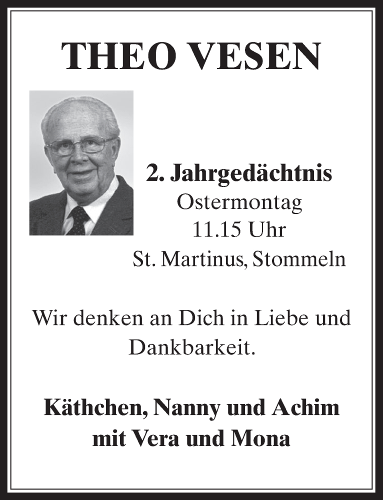  Traueranzeige für Theo Vesen vom 23.03.2016 aus  Wochenende 