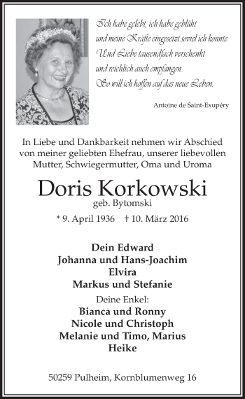Anzeige von Doris Korkowski von  Sonntags-Post 