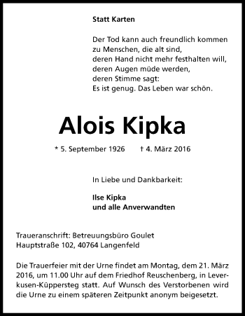 Anzeige von Alois Kipka von Kölner Stadt-Anzeiger / Kölnische Rundschau / Express