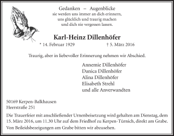Anzeige von Karl-Heinz Dillenhöfer von  Sonntags-Post 