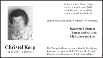 Anzeige von Christel Kerp von  Schlossbote/Werbekurier 