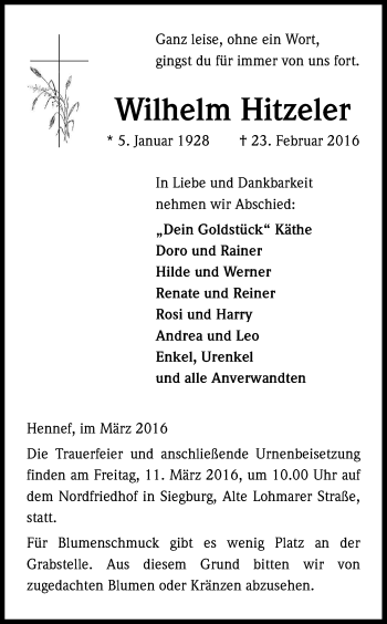 Anzeige von Wilhelm Hitzeler von Kölner Stadt-Anzeiger / Kölnische Rundschau / Express