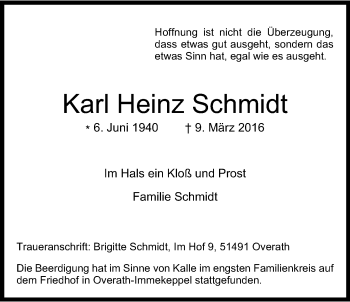 Anzeige von Karl Heinz Schmidt von Kölner Stadt-Anzeiger / Kölnische Rundschau / Express