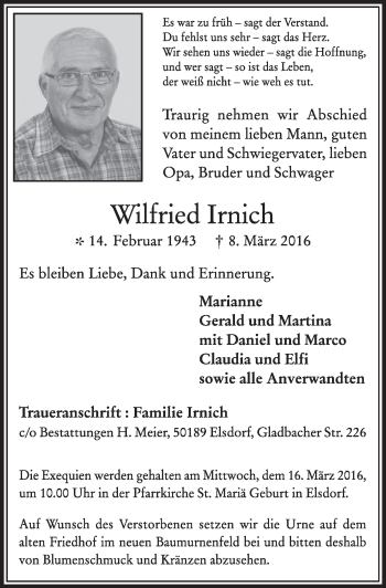 Anzeige von Wilfried Irnich von  Sonntags-Post 