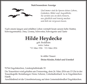 Anzeige von Hilde Heydecke von  Anzeigen Echo 