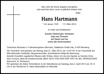 Anzeige von Hans Hartmann von Kölner Stadt-Anzeiger / Kölnische Rundschau / Express