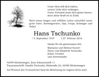 Anzeige von Hans Tschunko von Kölner Stadt-Anzeiger / Kölnische Rundschau / Express
