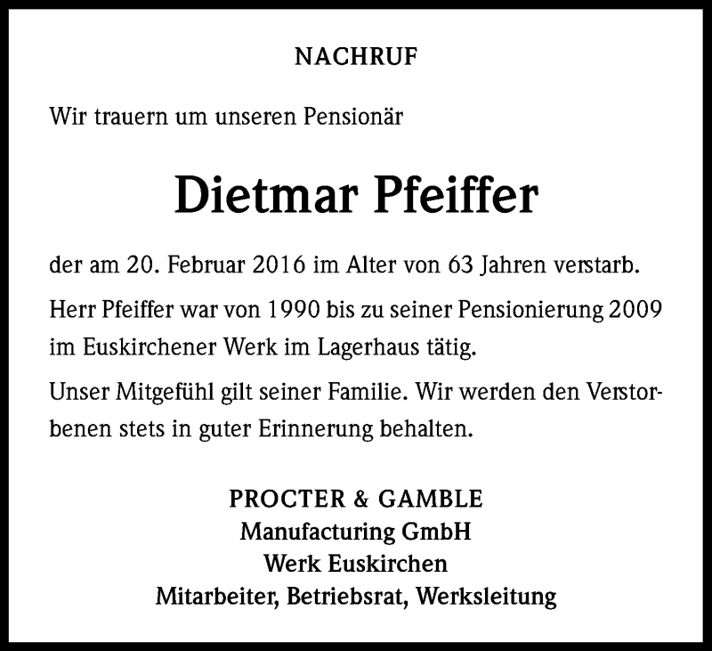  Traueranzeige für Dietmar Pfeiffer vom 05.03.2016 aus Kölner Stadt-Anzeiger / Kölnische Rundschau / Express