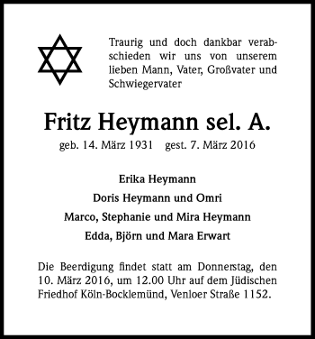 Anzeige von Fritz Heymann von Kölner Stadt-Anzeiger / Kölnische Rundschau / Express