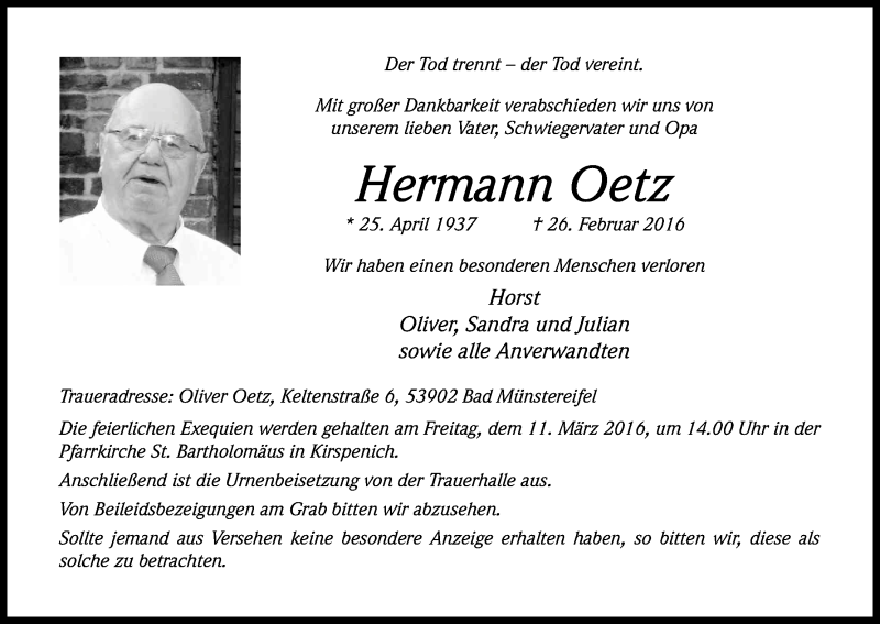  Traueranzeige für Hermann Oetz vom 05.03.2016 aus Kölner Stadt-Anzeiger / Kölnische Rundschau / Express