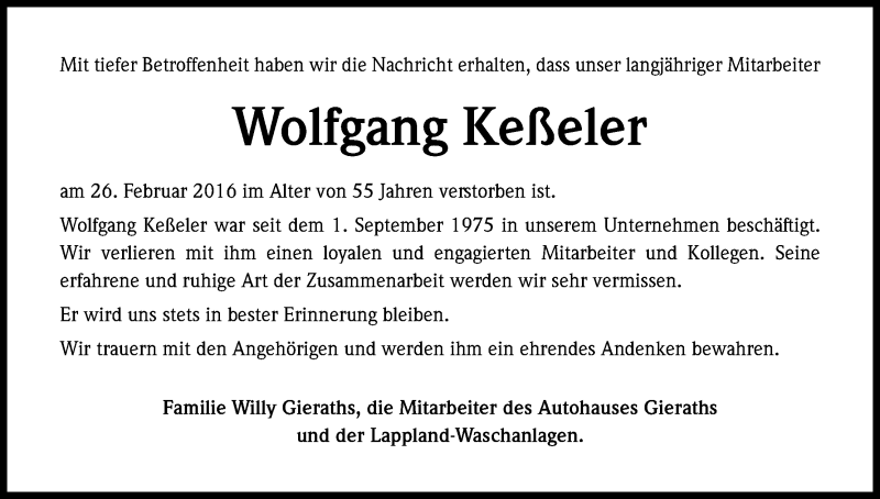  Traueranzeige für Wolfgang Keßeler vom 05.03.2016 aus Kölner Stadt-Anzeiger / Kölnische Rundschau / Express