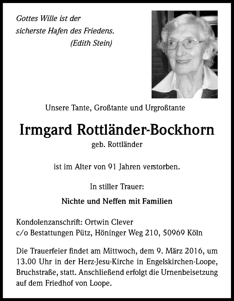  Traueranzeige für Irmgard Rottländer-Bockhorn vom 05.03.2016 aus Kölner Stadt-Anzeiger / Kölnische Rundschau / Express