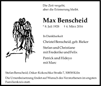 Anzeige von Max Benscheid von Kölner Stadt-Anzeiger / Kölnische Rundschau / Express