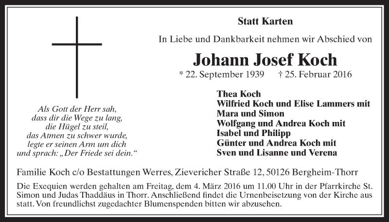  Traueranzeige für Johann Josef Koch vom 02.03.2016 aus  Werbepost 