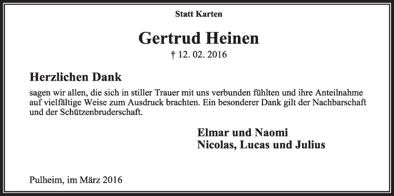  Traueranzeige für Gertrud Heinen vom 12.03.2016 aus  Sonntags-Post 