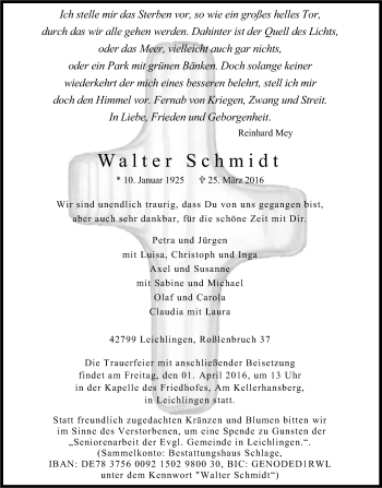 Anzeige von Walter Schmidt von Kölner Stadt-Anzeiger / Kölnische Rundschau / Express