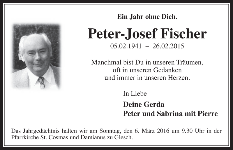  Traueranzeige für Peter-Josef Fischer vom 02.03.2016 aus  Werbepost 