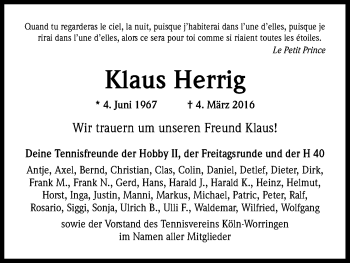 Anzeige von Klaus Herrig von Kölner Stadt-Anzeiger / Kölnische Rundschau / Express