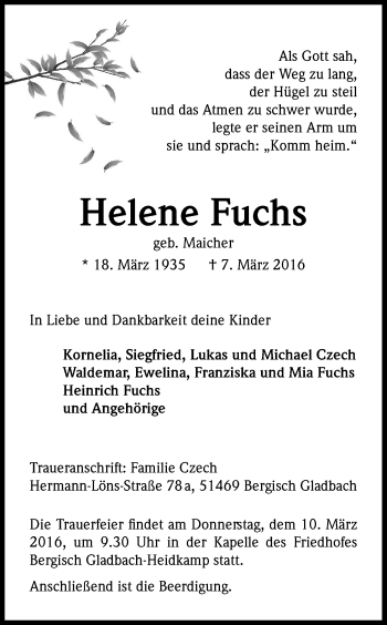 Anzeige von Helene Fuchs von Kölner Stadt-Anzeiger / Kölnische Rundschau / Express