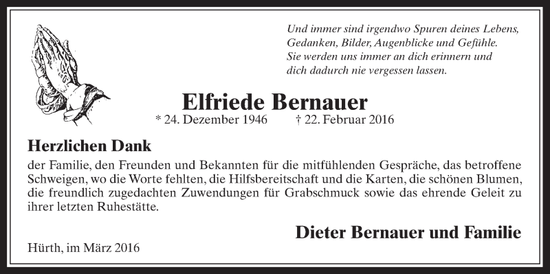  Traueranzeige für Elfriede Bernauer vom 19.03.2016 aus  Sonntags-Post 