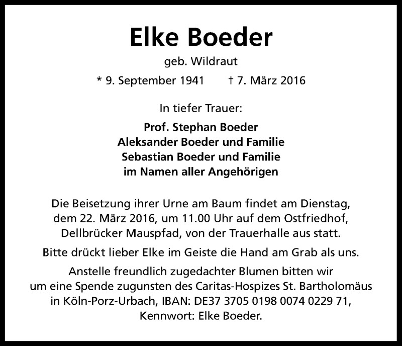  Traueranzeige für Elke Boeder vom 16.03.2016 aus Kölner Stadt-Anzeiger / Kölnische Rundschau / Express