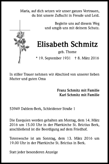 Anzeige von Elisabeth Schmitz von Kölner Stadt-Anzeiger / Kölnische Rundschau / Express
