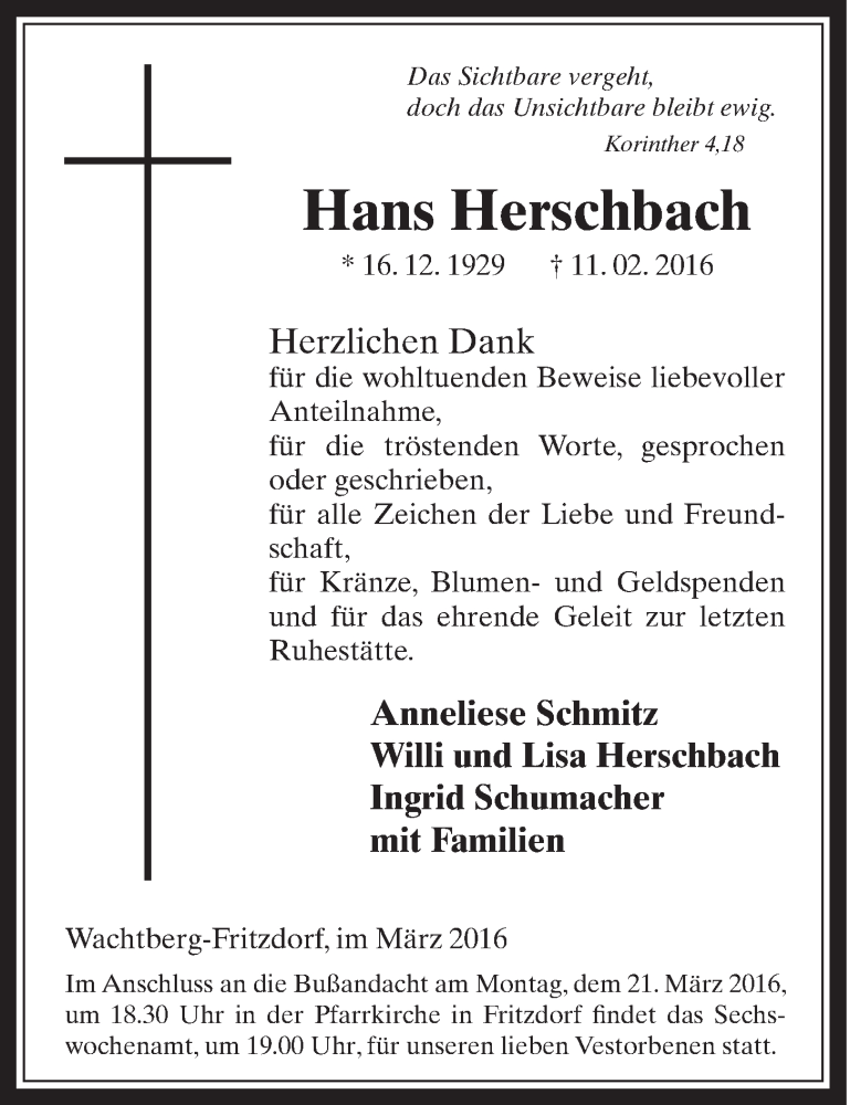  Traueranzeige für Hans Herschbach vom 16.03.2016 aus  Schaufenster/Blickpunkt 
