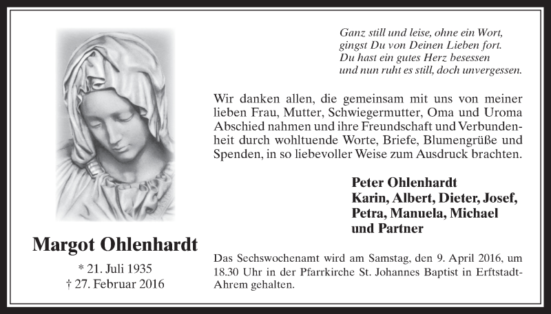  Traueranzeige für Margot Ohlenhardt vom 16.03.2016 aus  Werbepost 