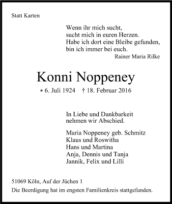 Anzeige von Konni Noppeney von Kölner Stadt-Anzeiger / Kölnische Rundschau / Express