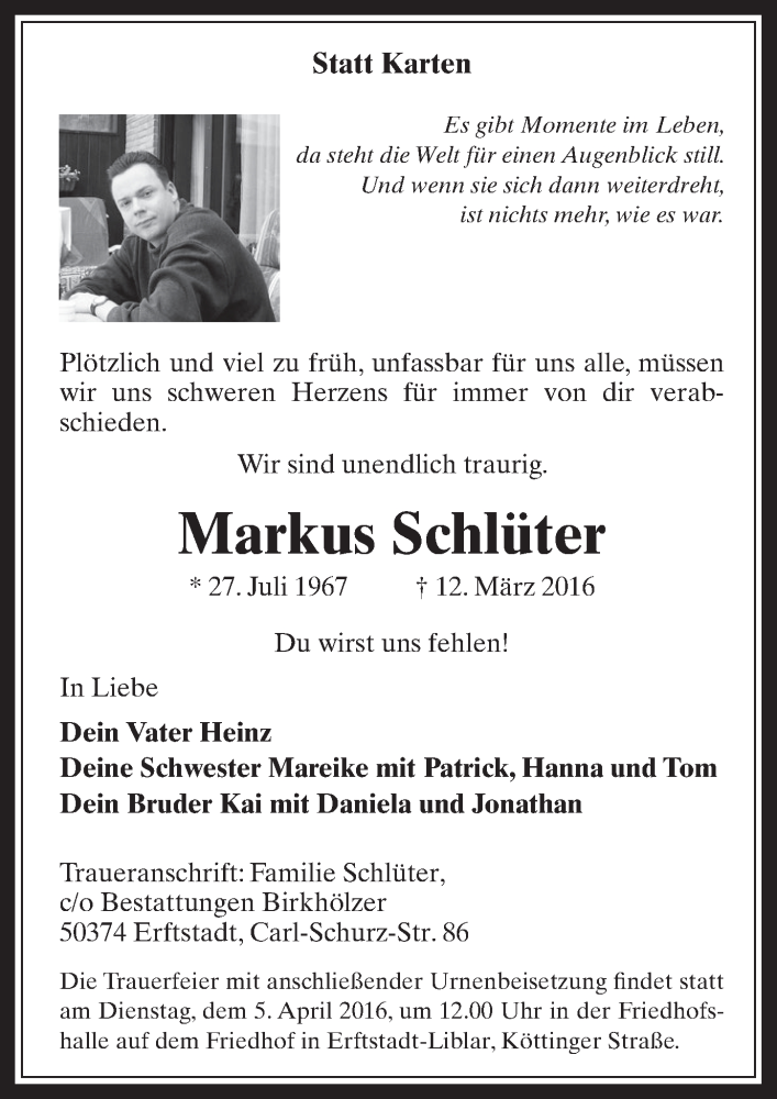  Traueranzeige für Markus Schlüter vom 30.03.2016 aus  Werbepost 