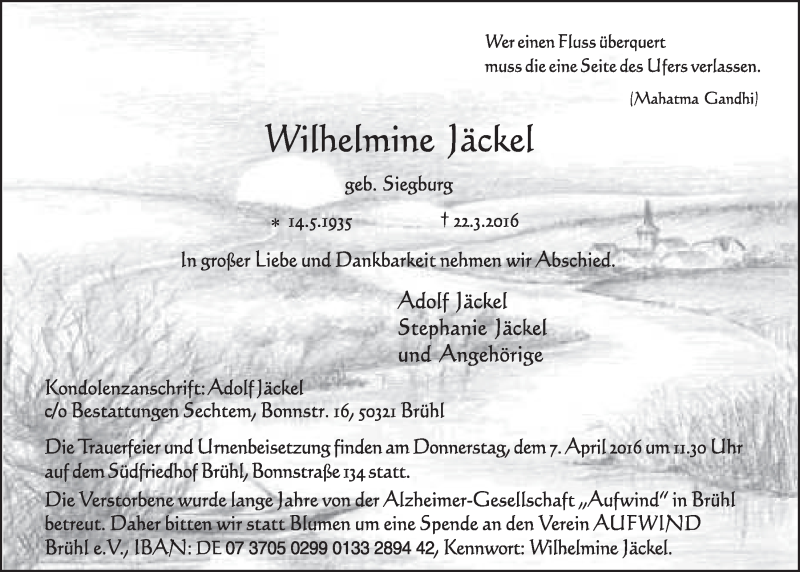  Traueranzeige für Wilhelmine Jäckel vom 30.03.2016 aus  Schlossbote/Werbekurier 
