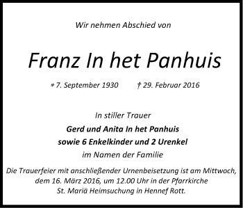 Anzeige von Franz  In het Panhuis von Kölner Stadt-Anzeiger / Kölnische Rundschau / Express