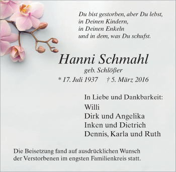 Anzeige von Hanni Schmahl von  Wochenende 