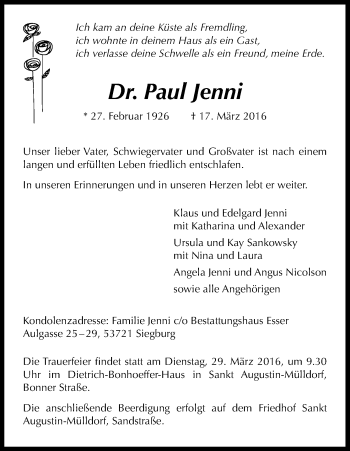 Anzeige von Paul Jenni von Kölner Stadt-Anzeiger / Kölnische Rundschau / Express