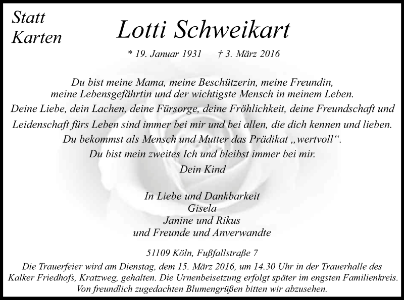  Traueranzeige für Lotti Schweikart vom 10.03.2016 aus Kölner Stadt-Anzeiger / Kölnische Rundschau / Express