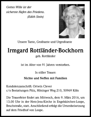Anzeige von Irmgard Rottländer-Bockhorn von Kölner Stadt-Anzeiger / Kölnische Rundschau / Express