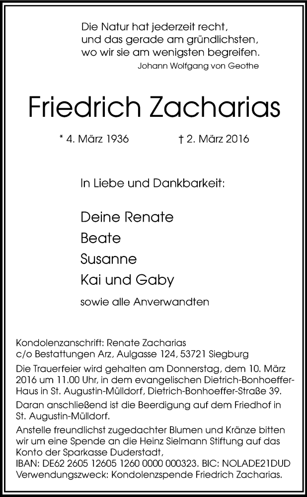  Traueranzeige für Fritz Zacharias vom 05.03.2016 aus Kölner Stadt-Anzeiger / Kölnische Rundschau / Express