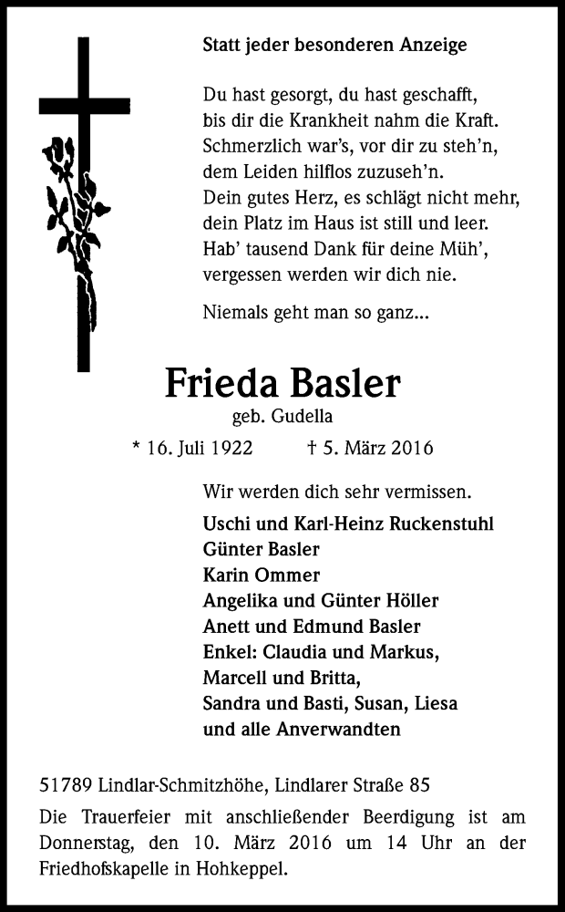  Traueranzeige für Frieda Basler vom 08.03.2016 aus Kölner Stadt-Anzeiger / Kölnische Rundschau / Express