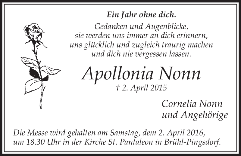  Traueranzeige für Apollonia Nonn vom 23.03.2016 aus  Schlossbote/Werbekurier 