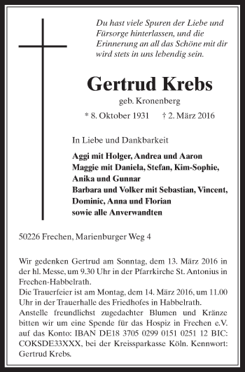 Anzeige von Gertrud Krebs von  Wochenende 