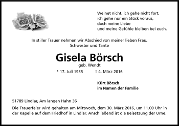 Anzeige von Gisela Börsch von Kölner Stadt-Anzeiger / Kölnische Rundschau / Express