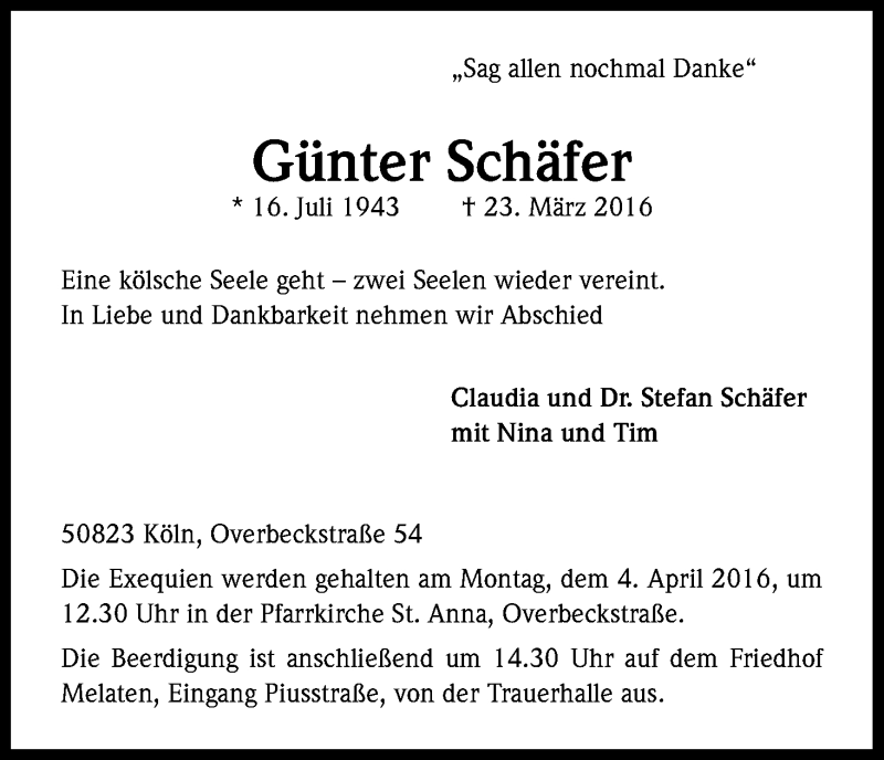  Traueranzeige für Günter Schäfer vom 30.03.2016 aus Kölner Stadt-Anzeiger / Kölnische Rundschau / Express