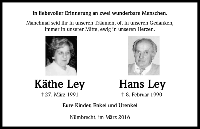  Traueranzeige für Käthe und Hans Ley vom 26.03.2016 aus Kölner Stadt-Anzeiger / Kölnische Rundschau / Express